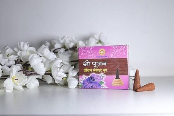 Shri Poojan Premium Lavender Dhoop Batti with floral decor – best dhoop batti for pooja in Delhi.